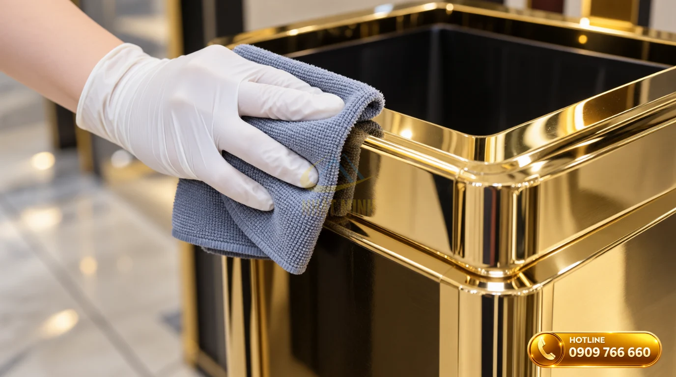 Thao tác dùng khăn mềm đánh bóng bề mặt thùng rác inox mạ vàng chống trầy xước