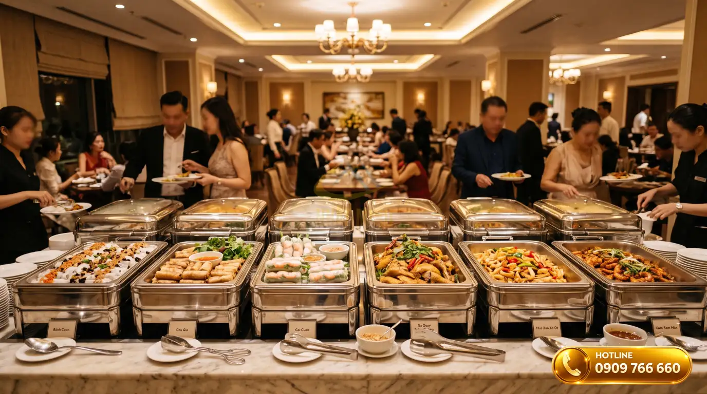 Kích thước khay inox chuẩn trên quầy line tiệc buffet sang trọng