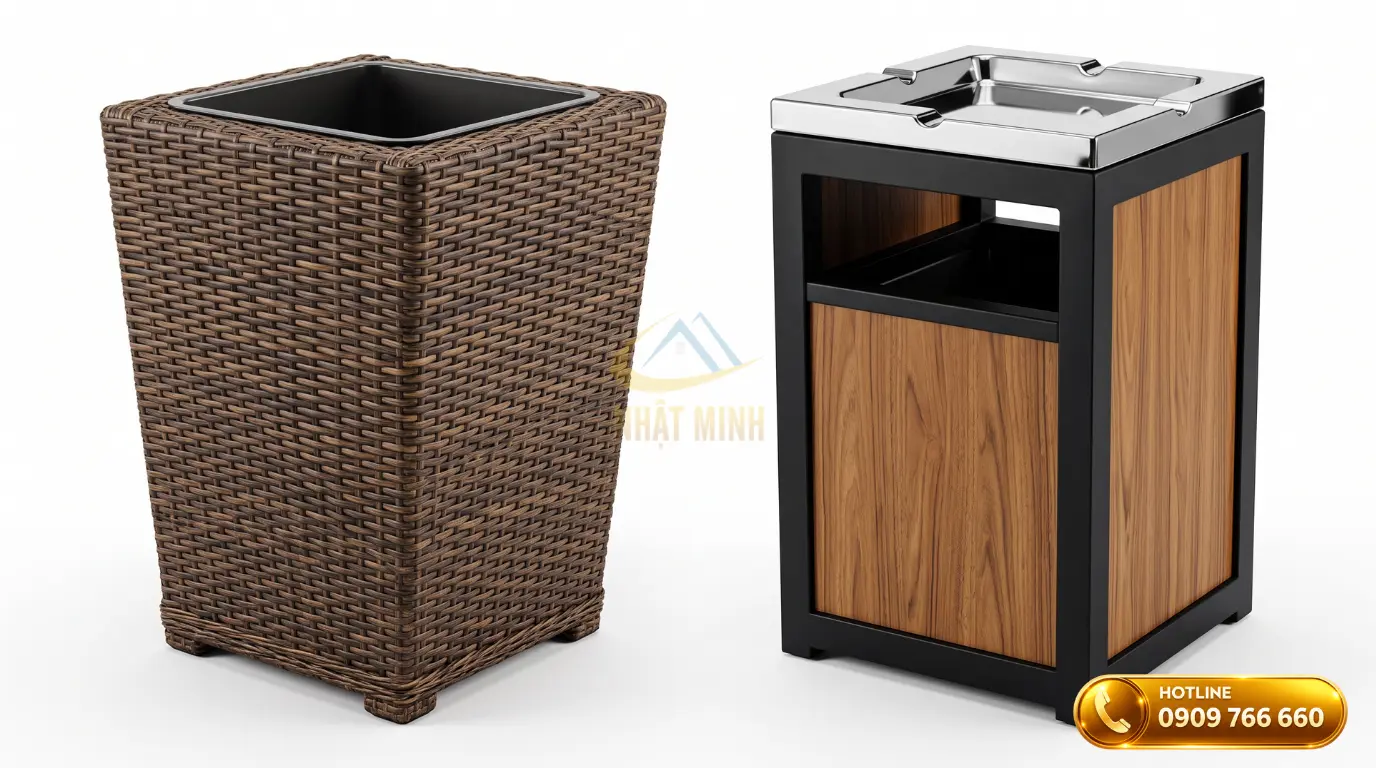 Các mẫu thùng đựng rác giả gỗ và khung thép vân gỗ cao cấp nhập khẩu cho resort