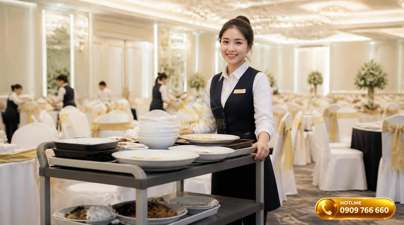 Nhân viên nhà hàng thao tác dọn dẹp nhanh chóng với xe đẩy chuyên dụng