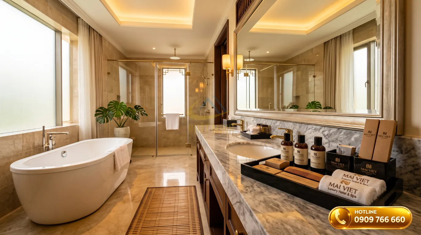 Không gian phòng tắm khách sạn 5 sao sang trọng với bồn tắm và thiết bị cao cấp