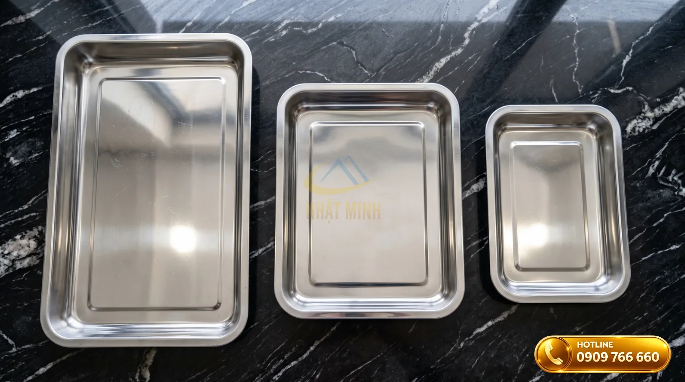 So sánh trực quan kích thước khay GN 1/1, khay 1/2 và khay 1/3