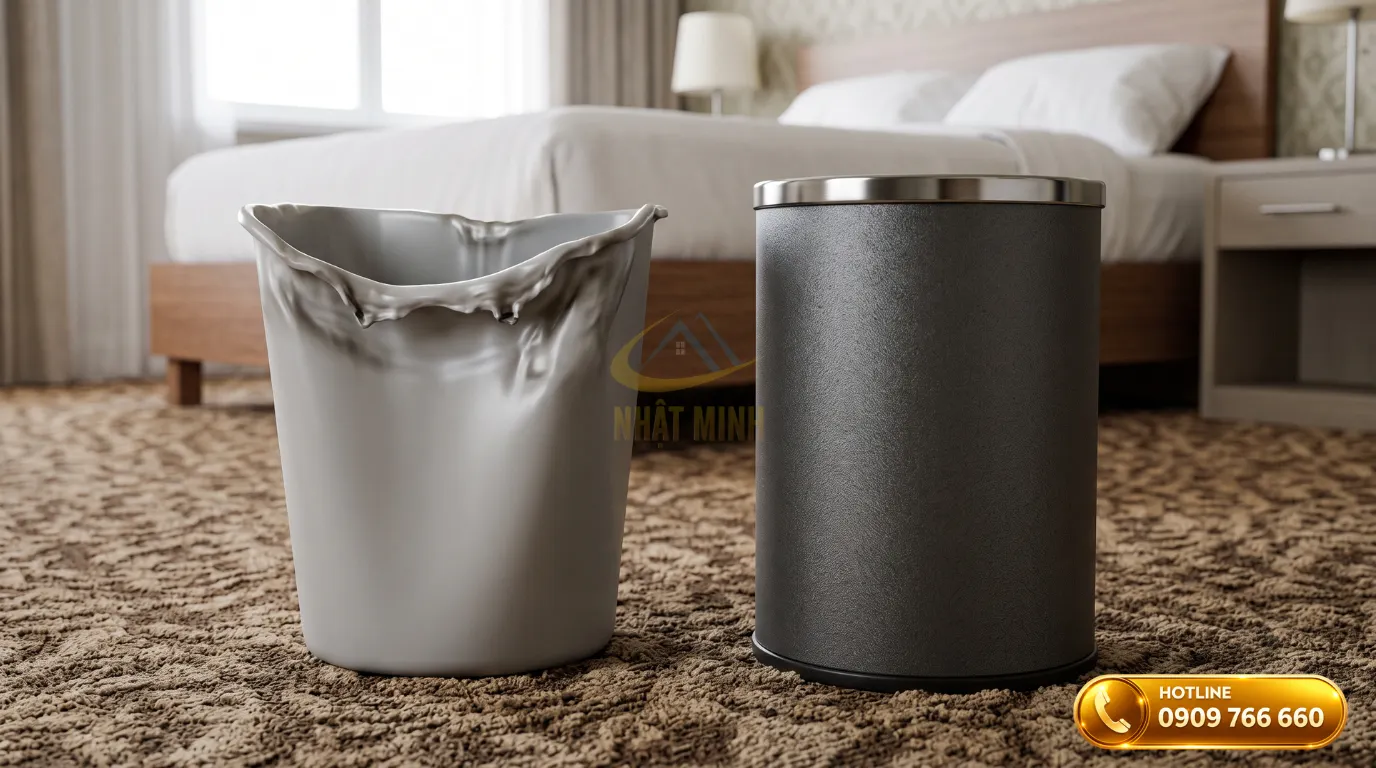So sánh mức độ an toàn giữa sọt rác nhựa thông thường và thùng rác chống cháy khách sạn