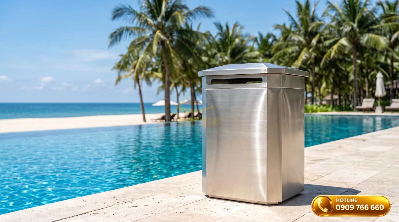 Thùng rác Inox 304 ngoài trời chống gỉ đặt cạnh hồ bơi resort ven biển