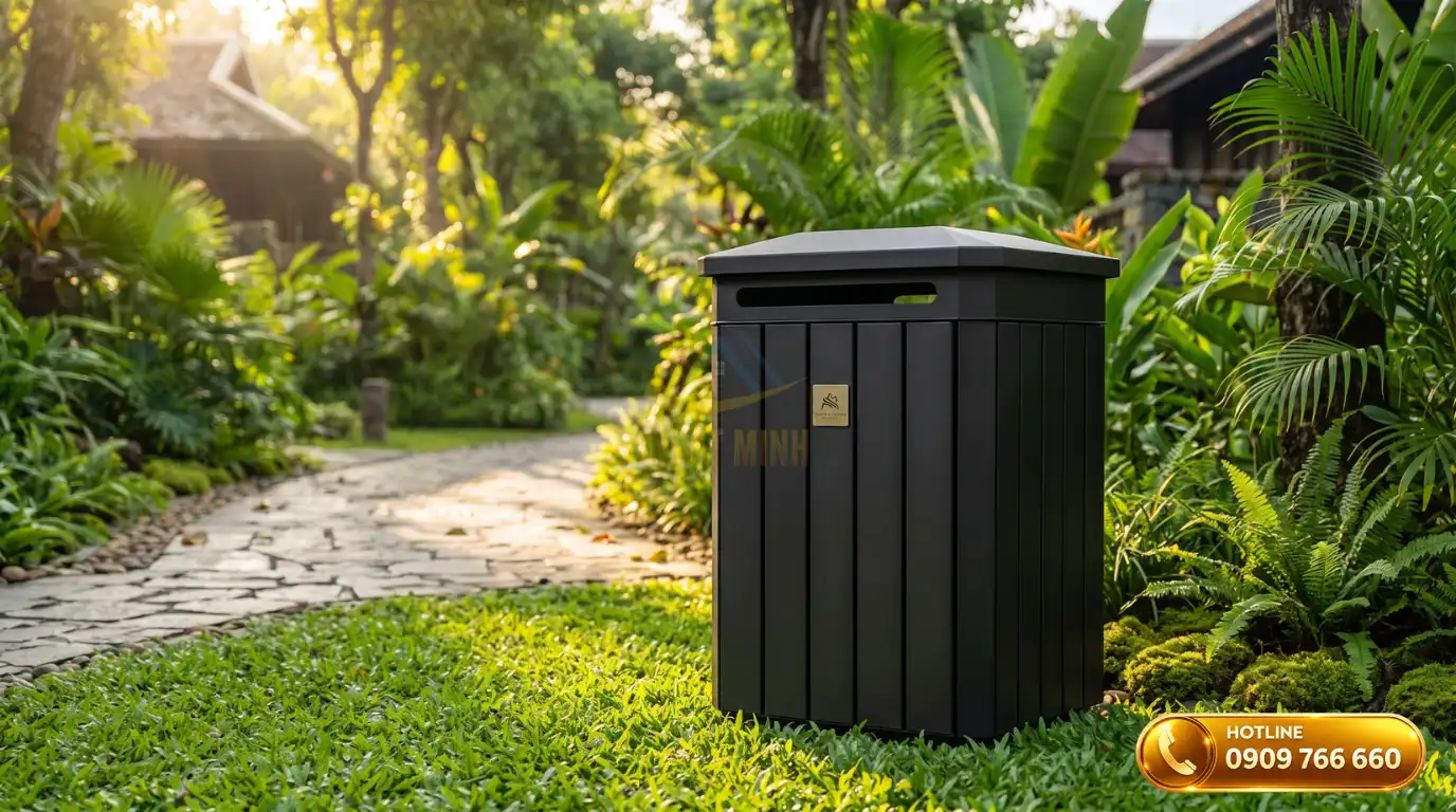 Thùng rác ngoài trời khách sạn có nắp đậy kín giúp giấu rác tuyệt đối