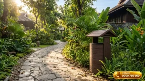 Thùng rác resort cao cấp bằng gỗ nhựa composite đặt tại lối đi khu nghỉ dưỡng 5 sao