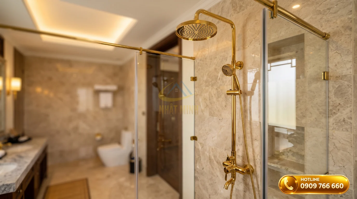 Vòi hoa sen mạ vàng và vách kính tắm đứng trong thiết bị phòng khách sạn cao cấp