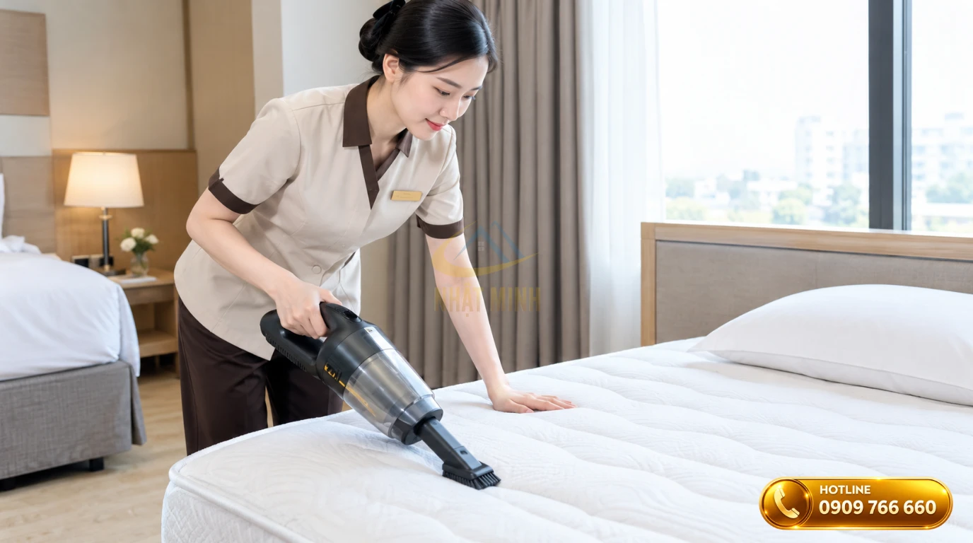 Nhân viên buồng phòng đang dùng máy hút bụi định kỳ để vệ sinh nệm giường extra bed