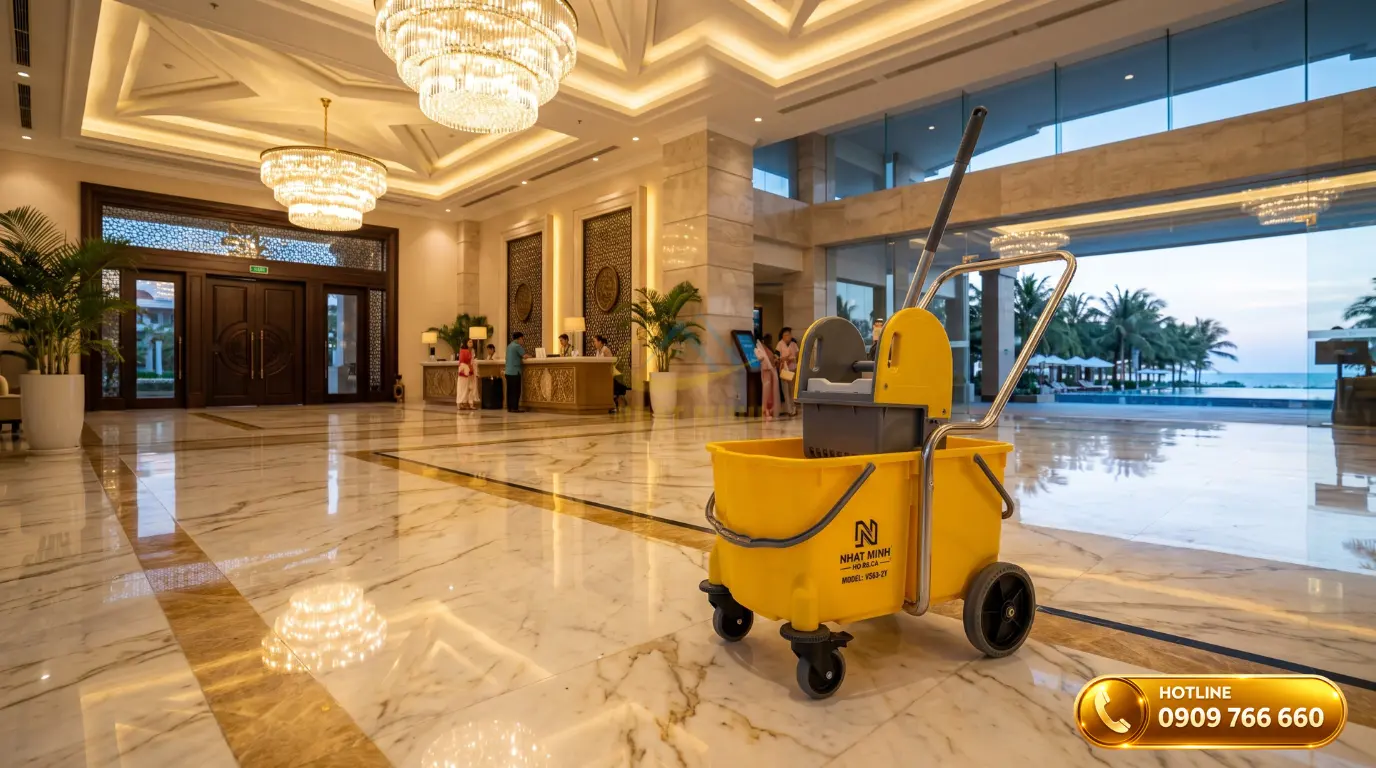 Xe ép nước lau sàn khách sạn cao cấp tại không gian tiền sảnh
