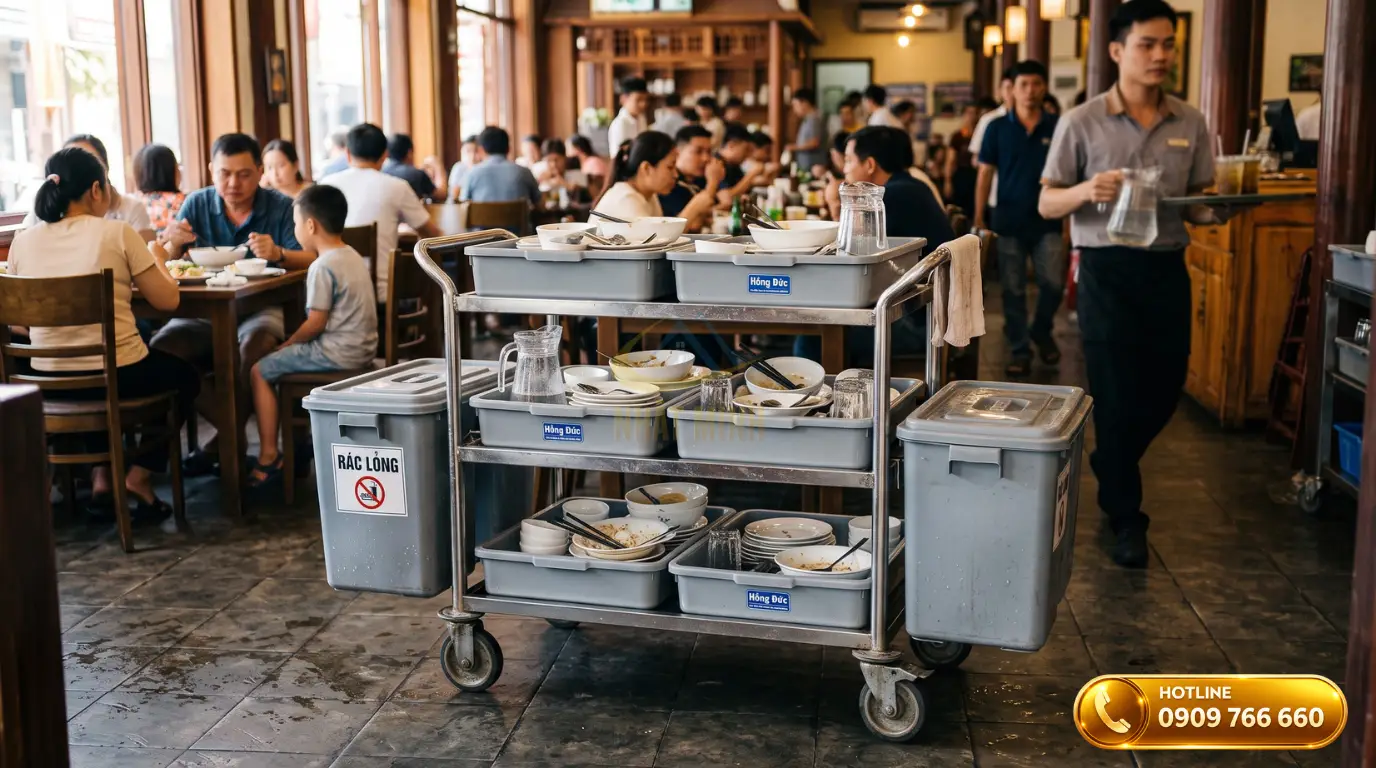 Xe thu gom thức ăn khung nhựa 3 tầng tích hợp thùng chứa rác tiện lợi