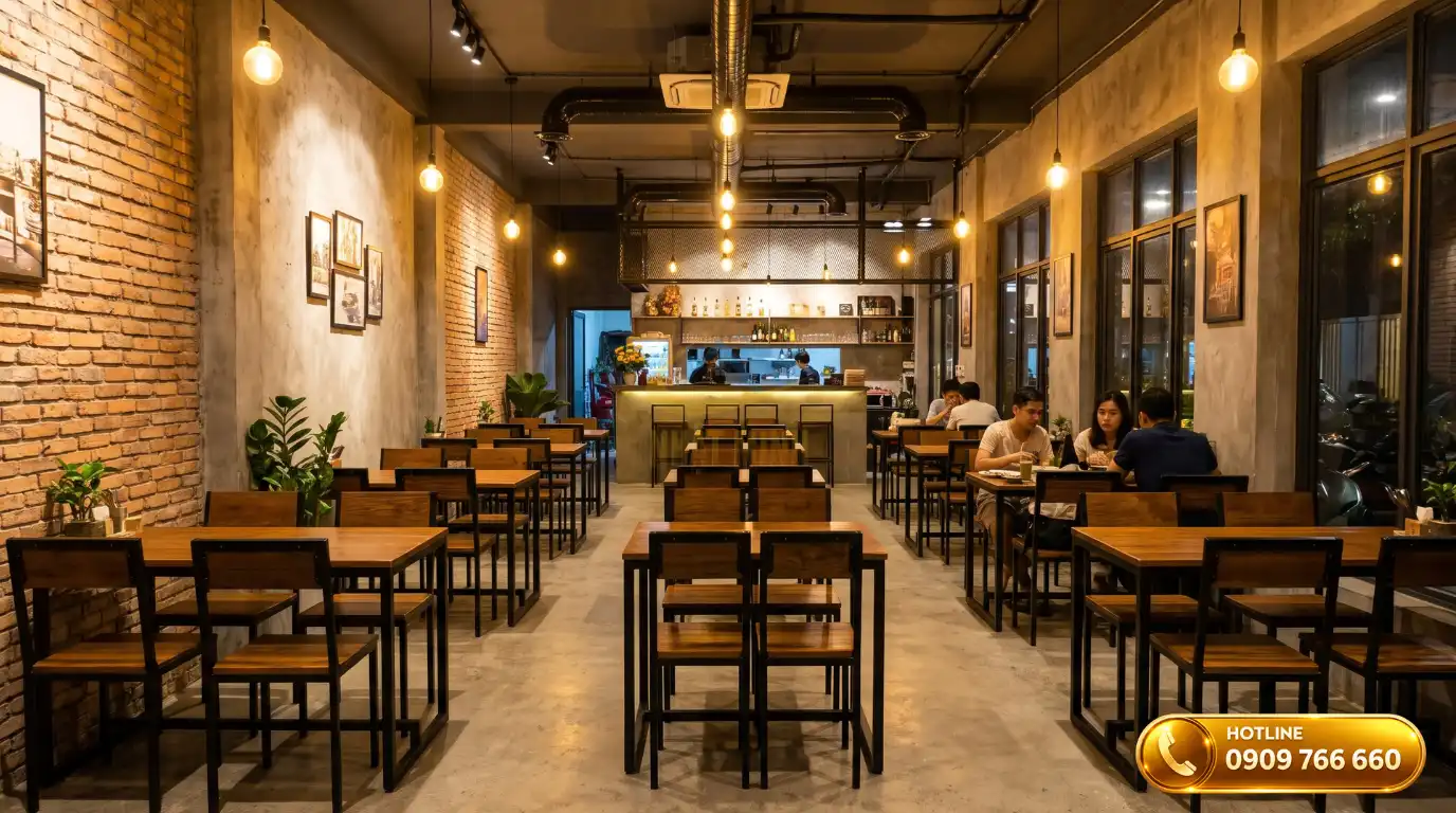 Mẫu bàn ghế khung sắt mặt gỗ dành cho nhà hàng và quán ăn