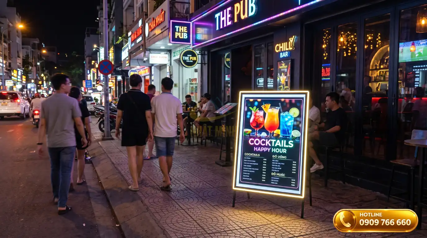Bảng menu đèn LED phát sáng rực rỡ thu hút khách hàng vào buổi tối