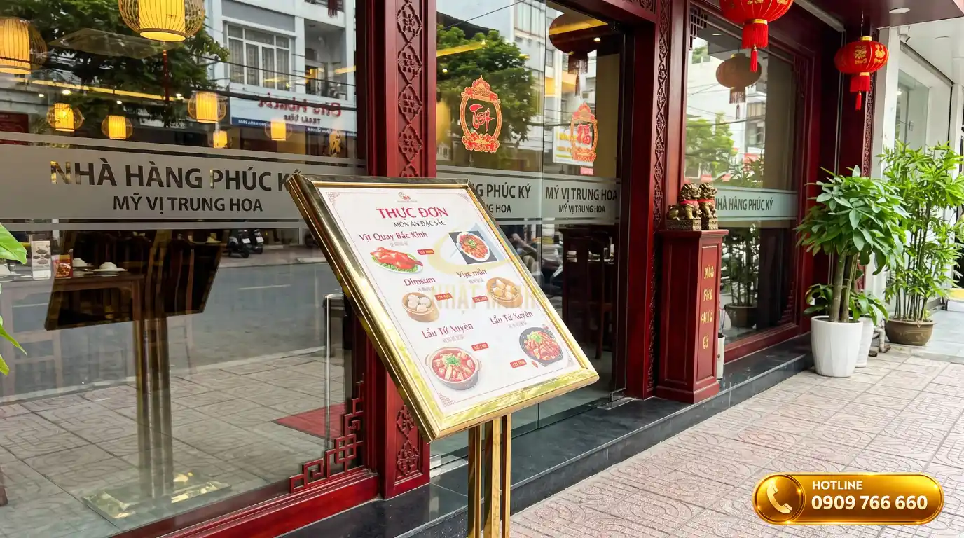 Bảng menu đứng khung inox mạ vàng đặt trước cửa nhà hàng người Hoa
