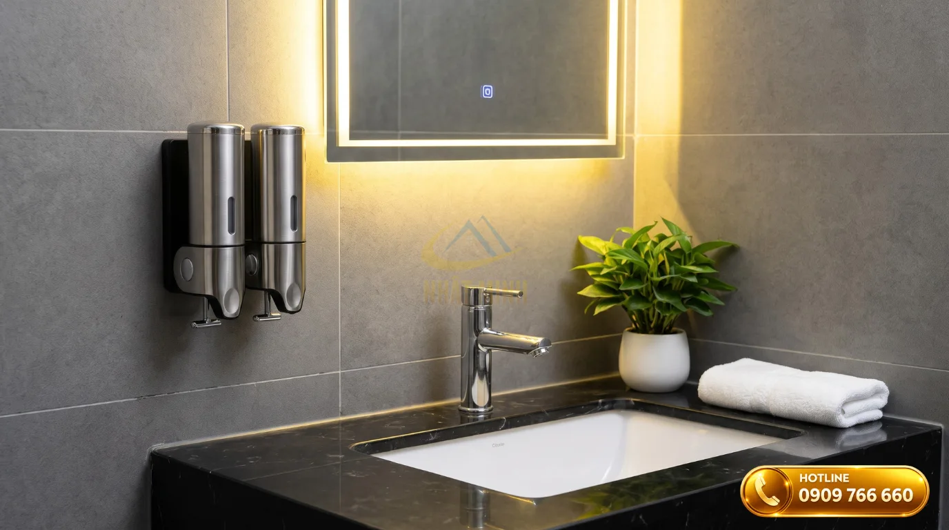 Bình đựng xà phòng treo tường bằng inox 304 và nhựa gắn trên tường phòng tắm khách sạn