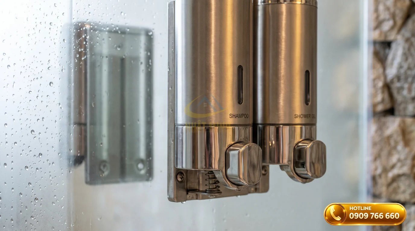 Bình đựng xà phòng treo tường bằng inox 304 chống rỉ sét tuyệt đối trong phòng tắm resort