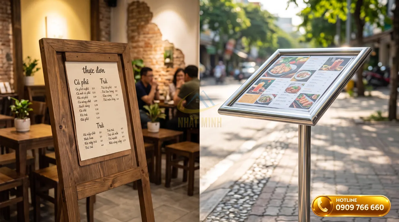 So sánh chất liệu bảng menu gỗ cho quán cafe và cây menu inox ngoài trời