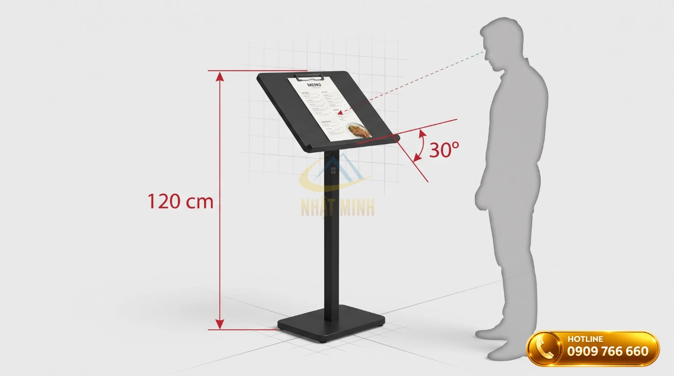 Kích thước 120cm và góc nghiêng chuẩn thị giác của bảng menu đứng
