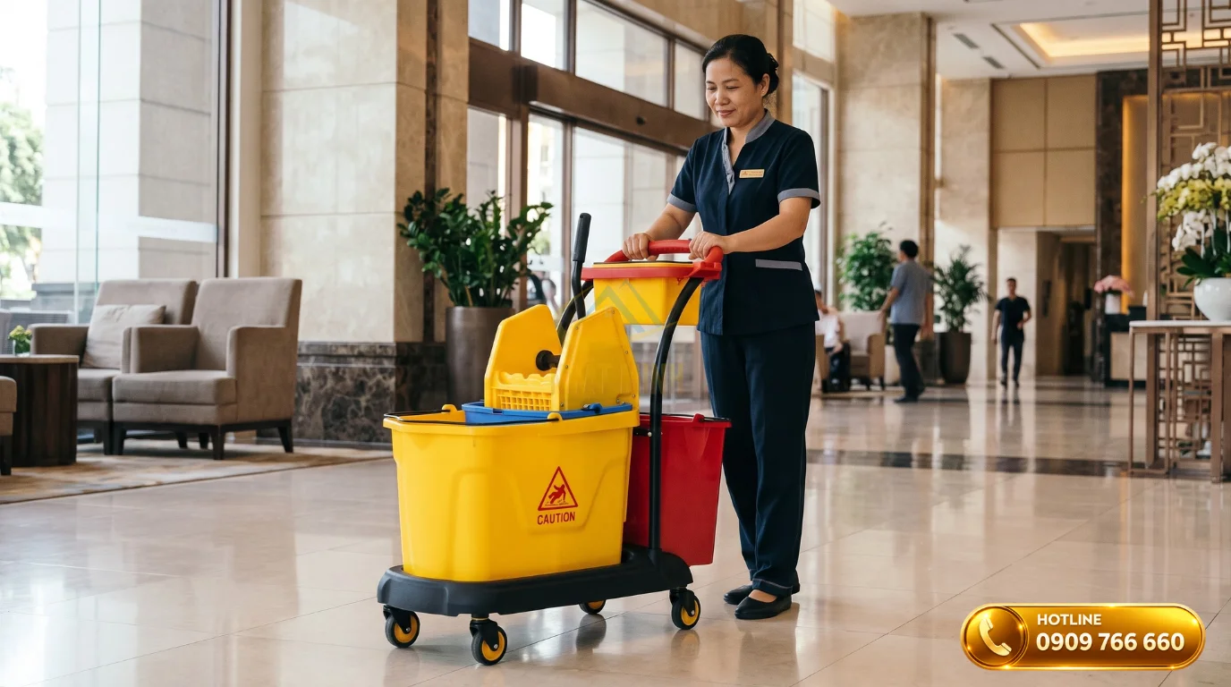 hân viên vệ sinh đẩy xe ép nước lau sàn chuyên dụng trong sảnh khách sạn cao cấp