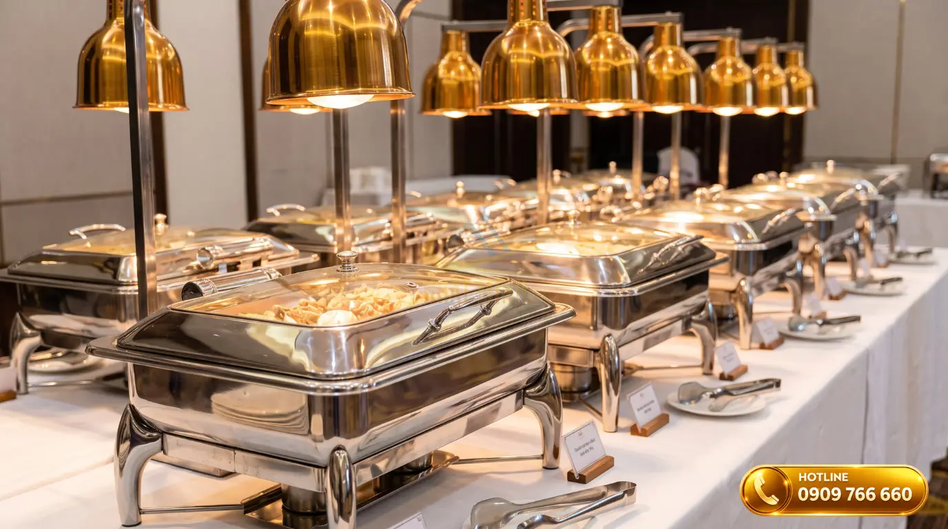 Bộ nồi hâm thức ăn buffet inox 304 kết hợp đèn giữ nhiệt thức ăn