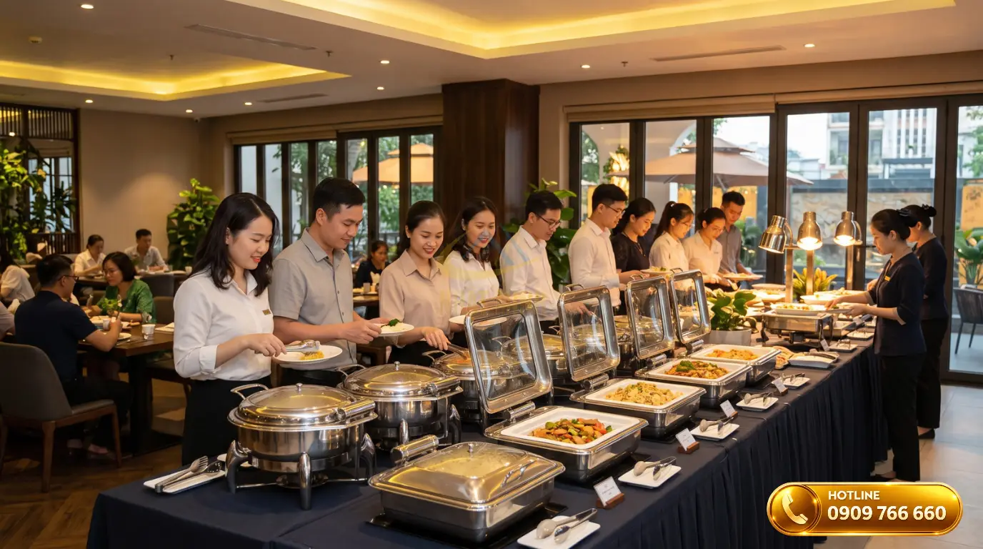 Toàn cảnh không gian quầy line buffet sang trọng tại nhà hàng cho thực khách tự chọn món
