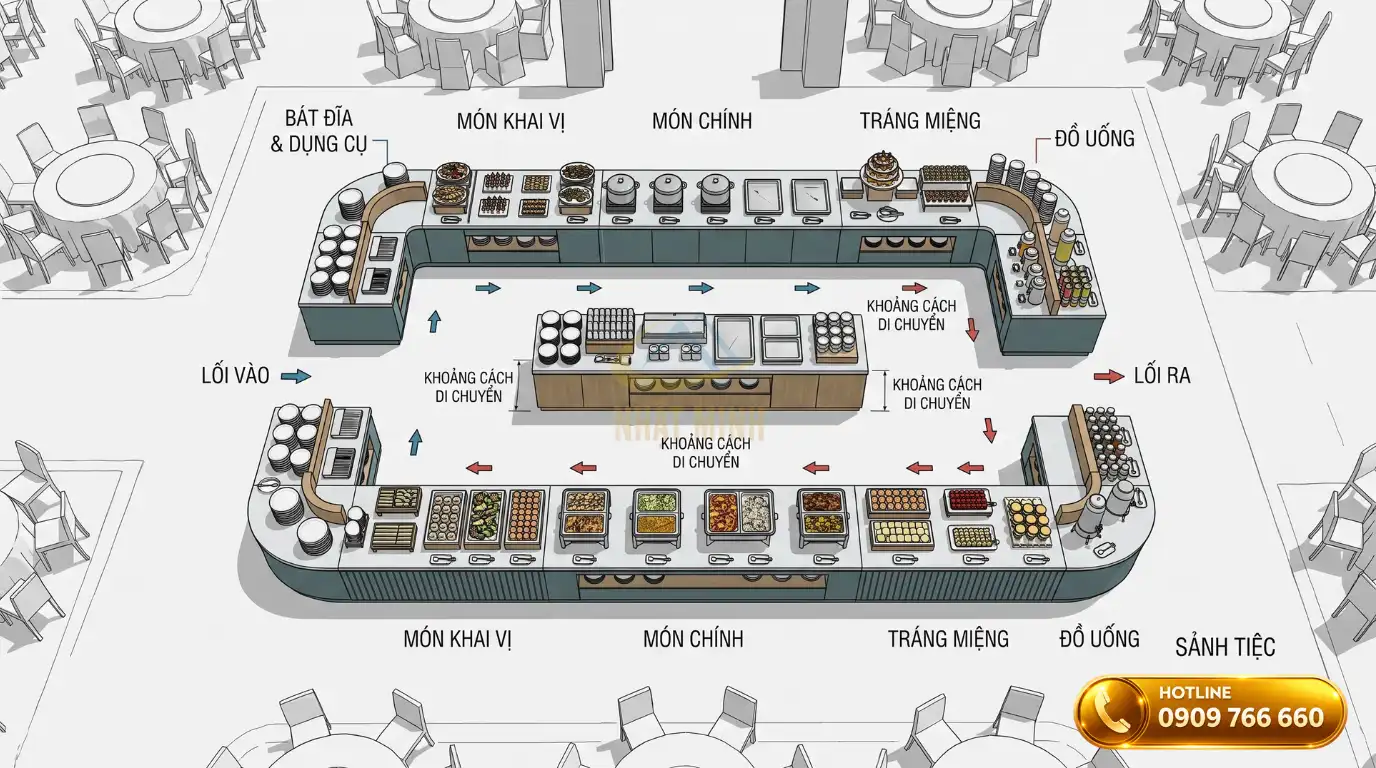 Sơ đồ mô phỏng luồng di chuyển một chiều cho khách tại quầy buffet hình chữ U