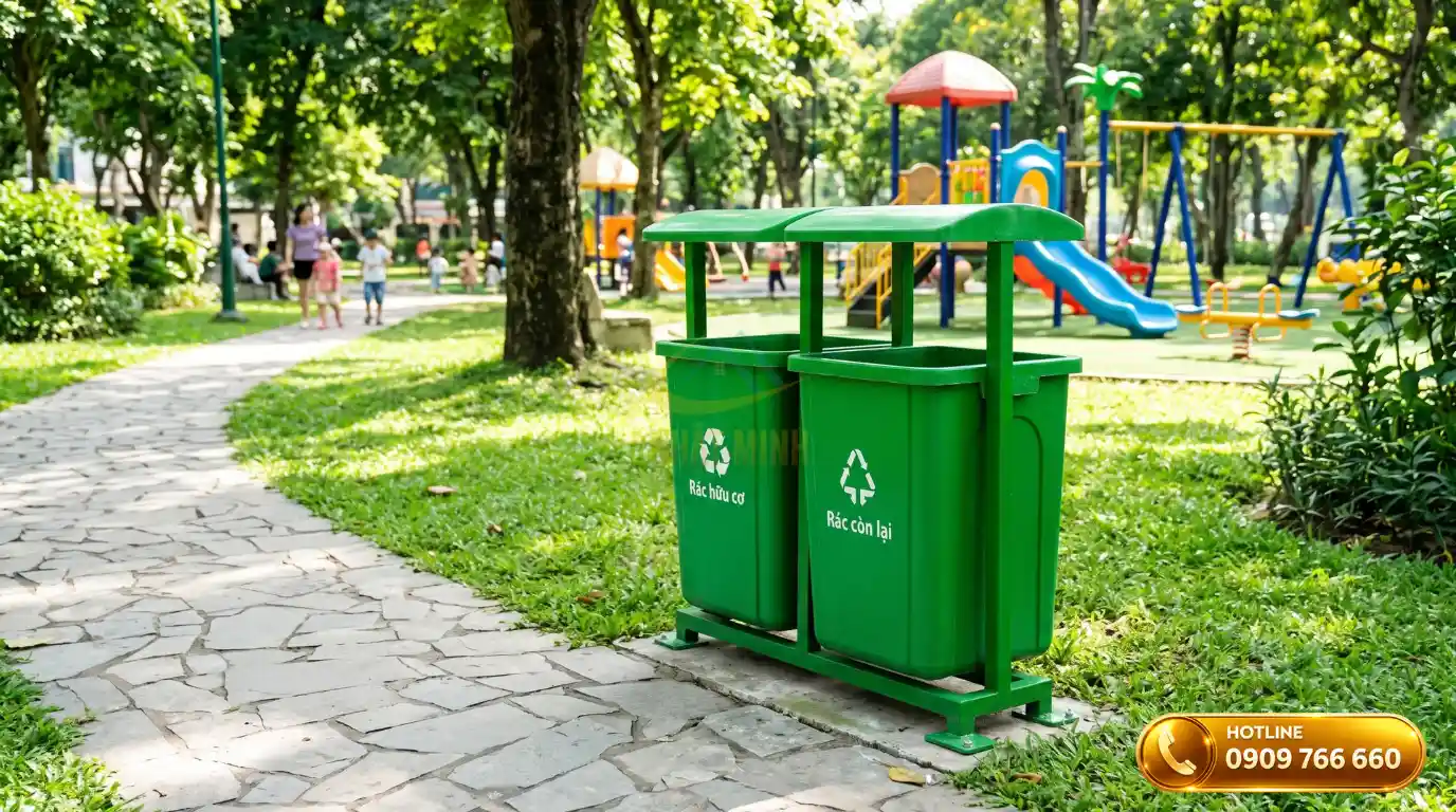 Thùng rác nhựa composite cốt sợi thủy tinh màu xanh đặt tại lối đi bộ
