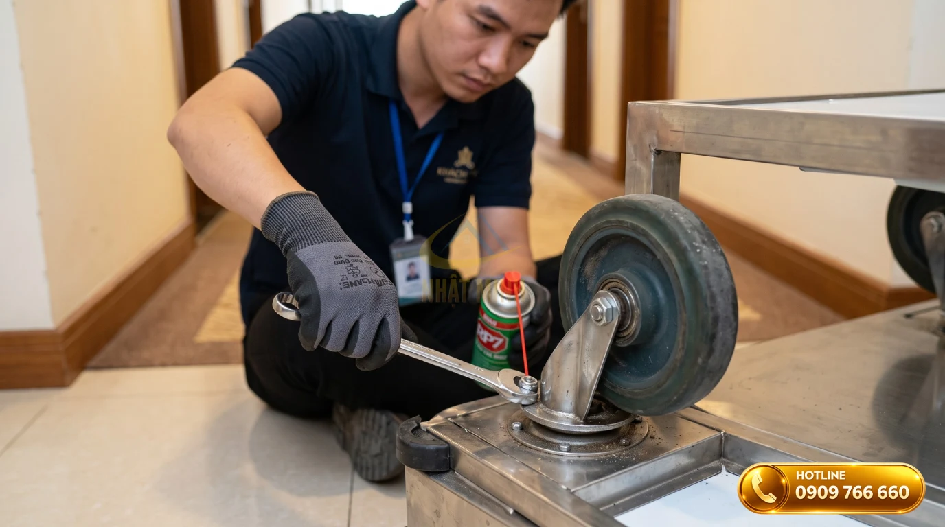 Nhân viên kỹ thuật khách sạn tra dầu mỡ và bảo dưỡng phụ tùng xe đẩy làm phòng định kỳ