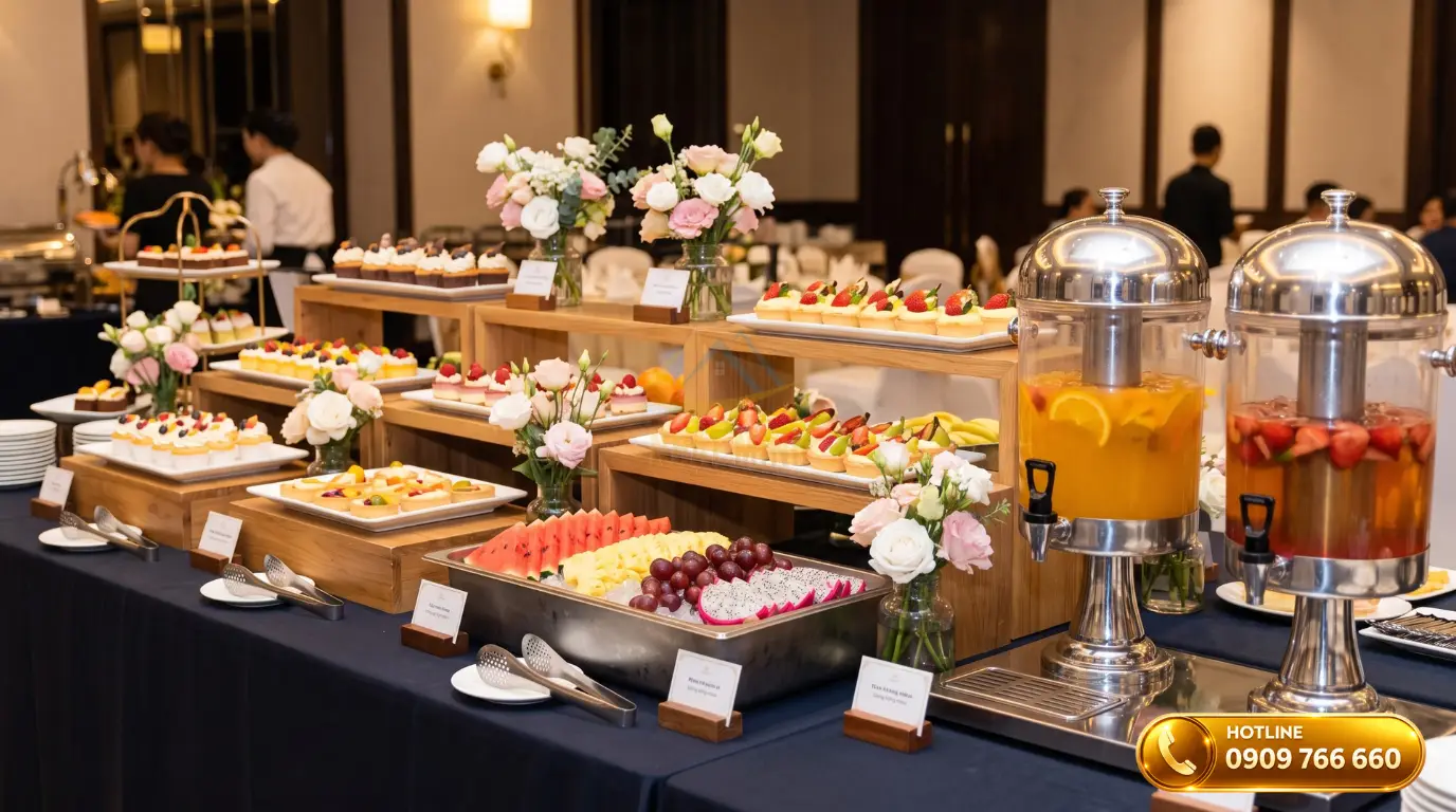 Nghệ thuật trang trí quầy line buffet khu vực tráng miệng với bình nước trái cây và kệ bậc thang