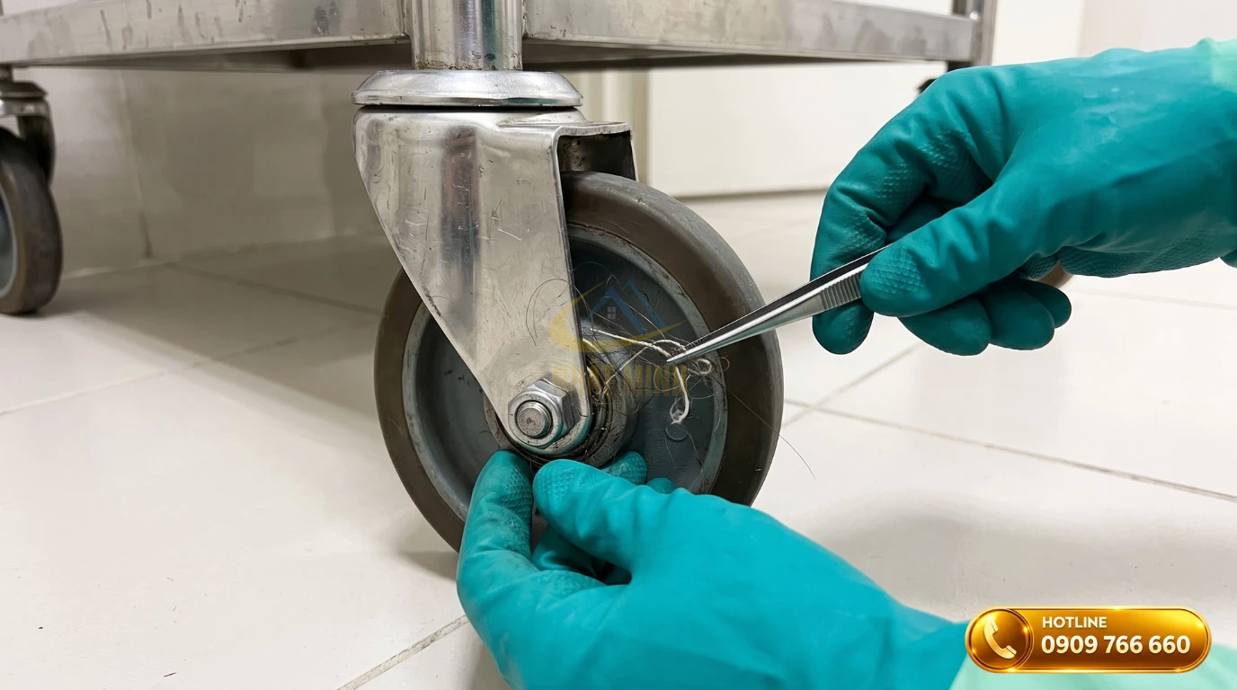 Hướng dẫn vệ sinh và gắp rác kẹt trong trục bánh xe đẩy buồng phòng sau ca làm việc