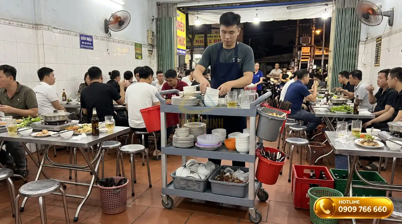 Mẫu xe đẩy thu dọn thức ăn khung nhựa 3 tầng linh hoạt cho quán ăn nhỏ