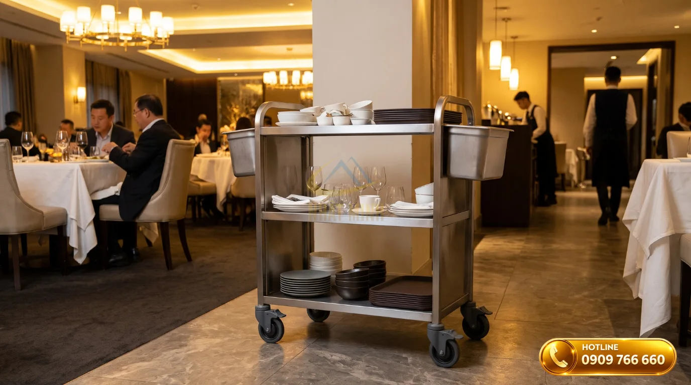 Xe dọn thức ăn bằng inox 304 chống ồn chuyên dụng cho khách sạn sang trọng