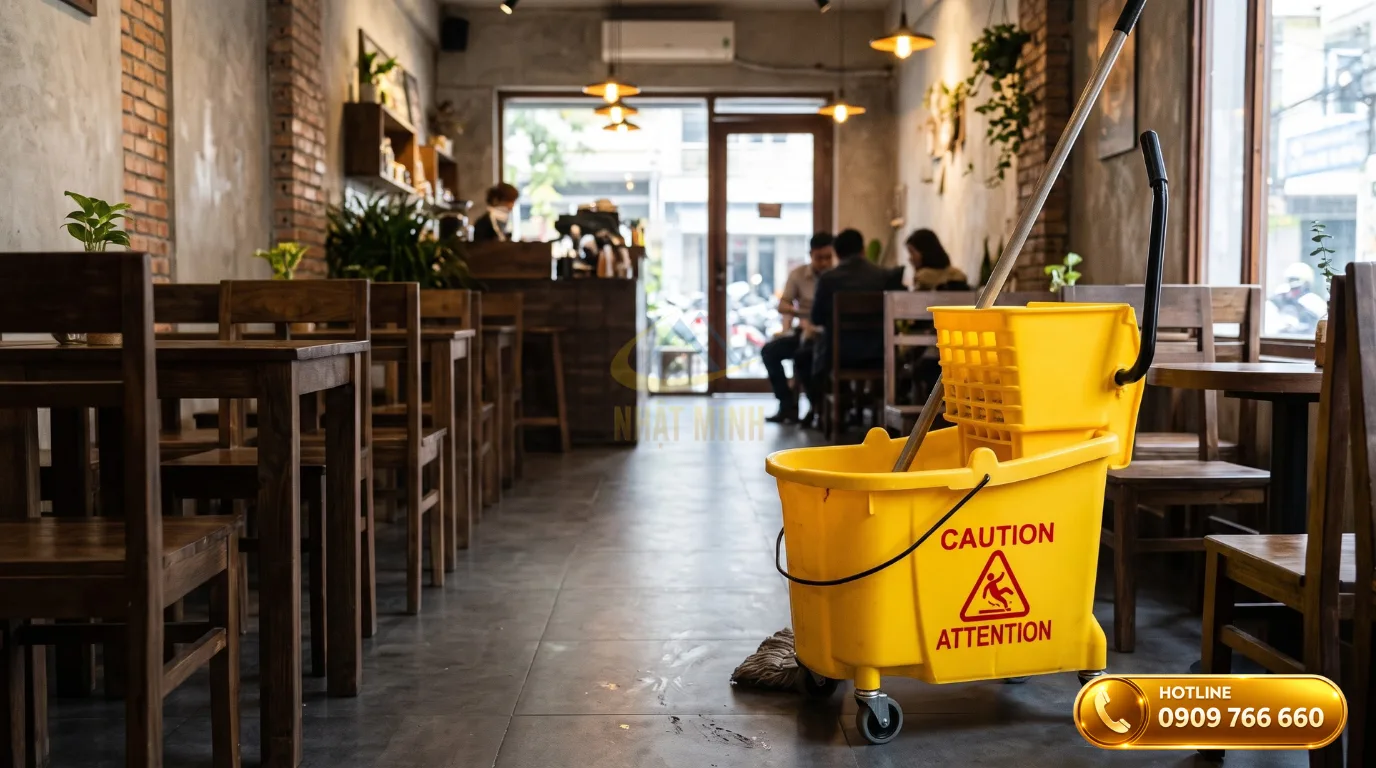 Xe ép nước lau sàn 1 xô nhỏ gọn gọn gàng phù hợp sử dụng cho không gian quán cafe